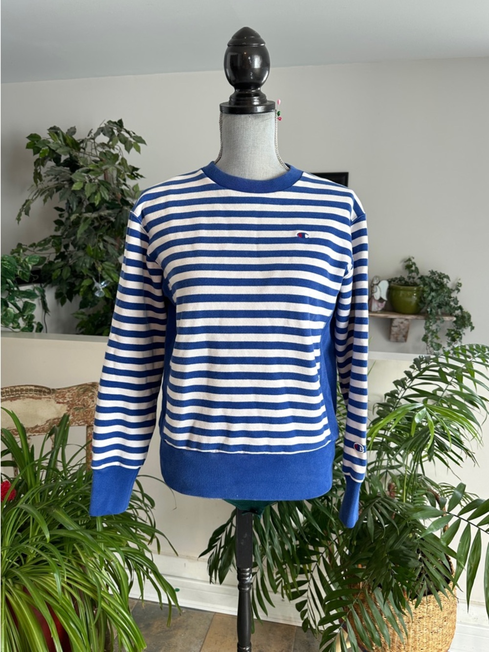 Vintage Champion White and Blue Striped Crewneck Sweater